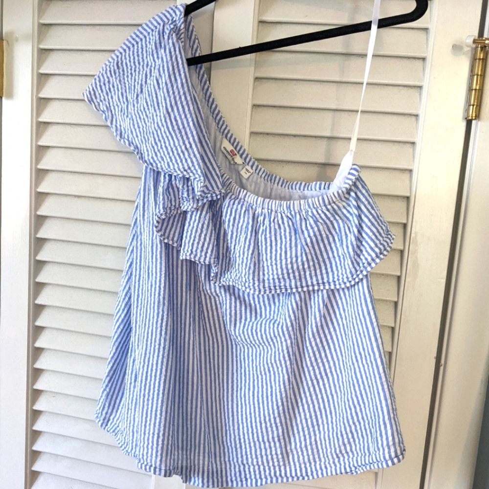 Vineyard Vines Seersucker One Shoulder Ruffle Top - Picture 2 of 3